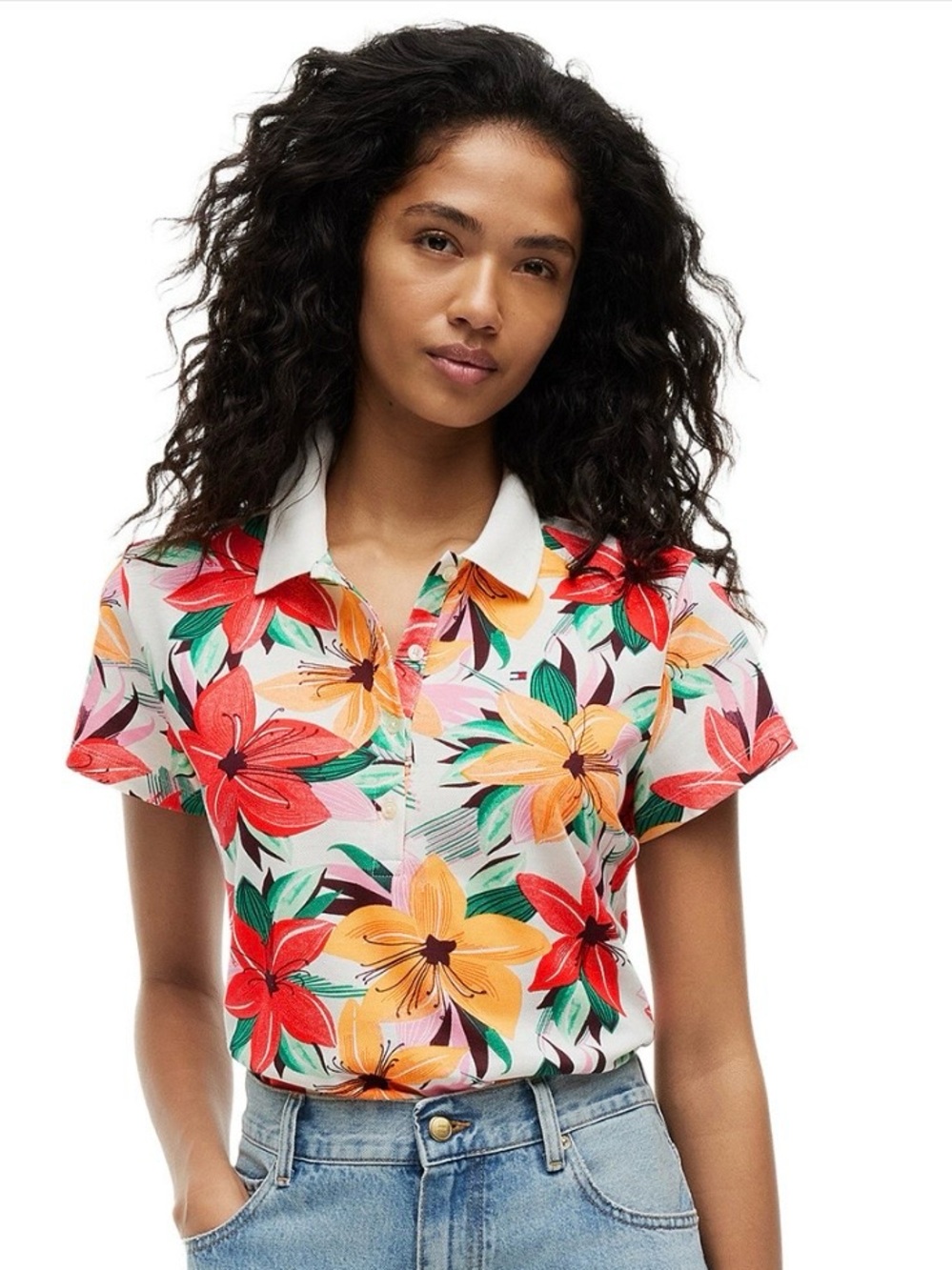 Tommy Hilfiger Floral Polo Top - White, Red & Yellow Flowers NEW TRIED ON ONLY